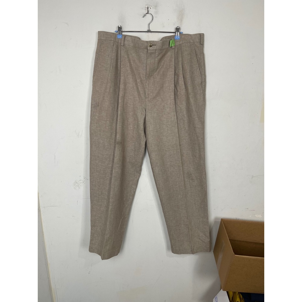 Roundtree & Yorke Gold Label Tan Linen Cotton Pleated Dress Pants Mens 42x30